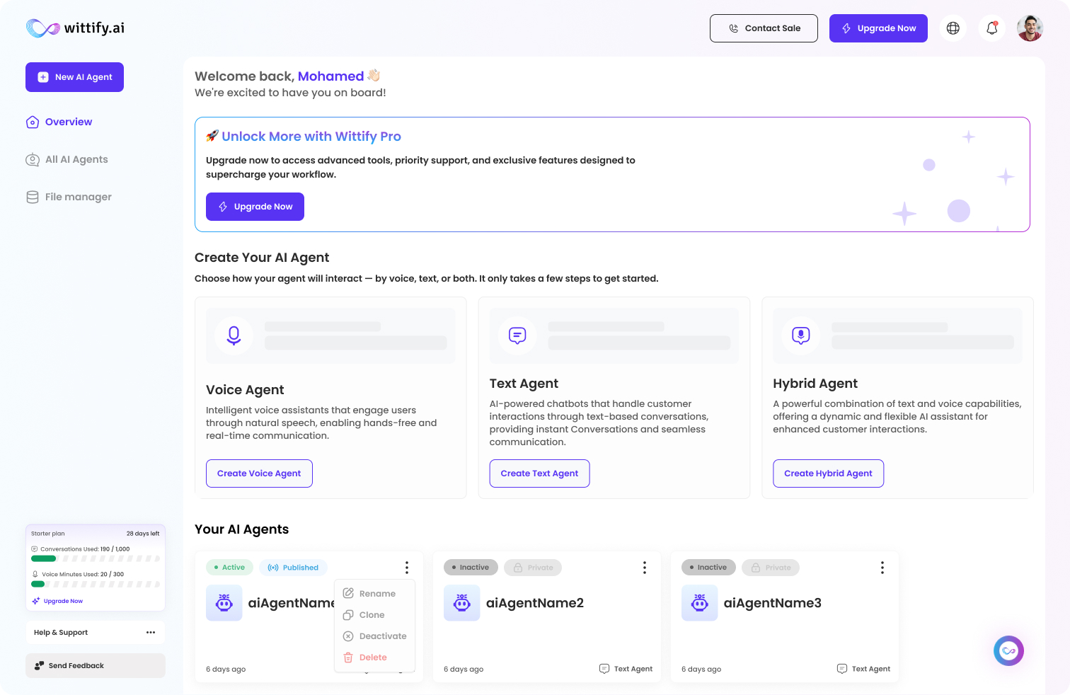 Wittify.ai — Build & Deploy AI Agents — Overview — Create Your AI Agent. The welcome surface where operators choose how their agent will interact — voice, text or hybrid — and pick up any agent already in flight. Empty states are designed as invitations to build, not dead ends.
