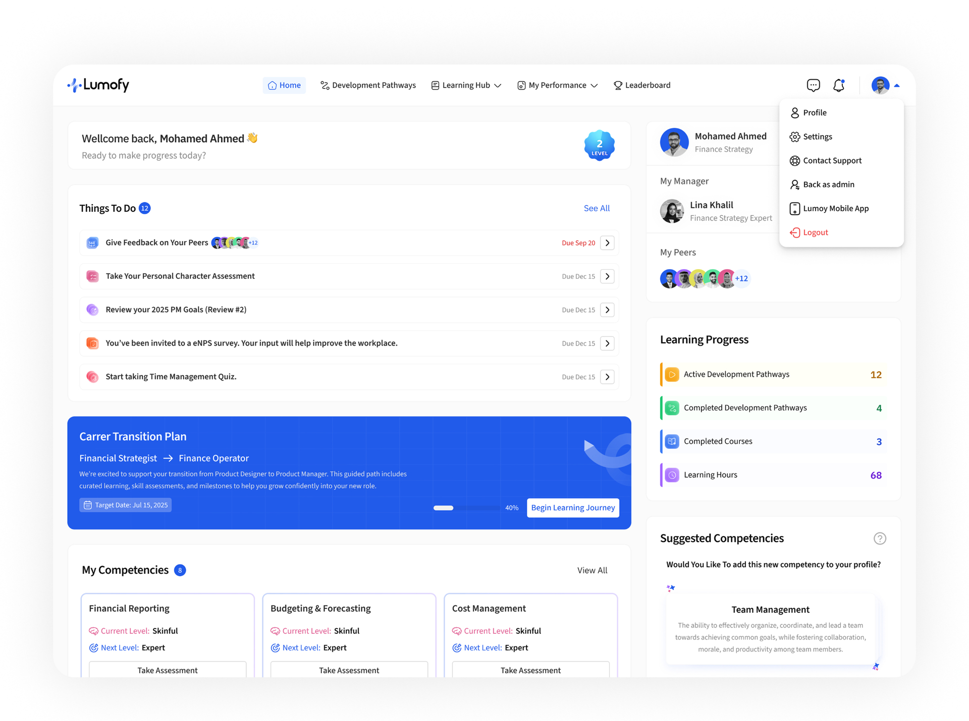 Lumofy — AI Talent Management — Talent Home — the daily surface. Every employee lands on a single home that answers ‘what do I owe today?’. Things to do, career transition plan, manager and peers, learning progress and suggested competencies live in one calm layout — the same shell used by admins, managers and individual contributors.