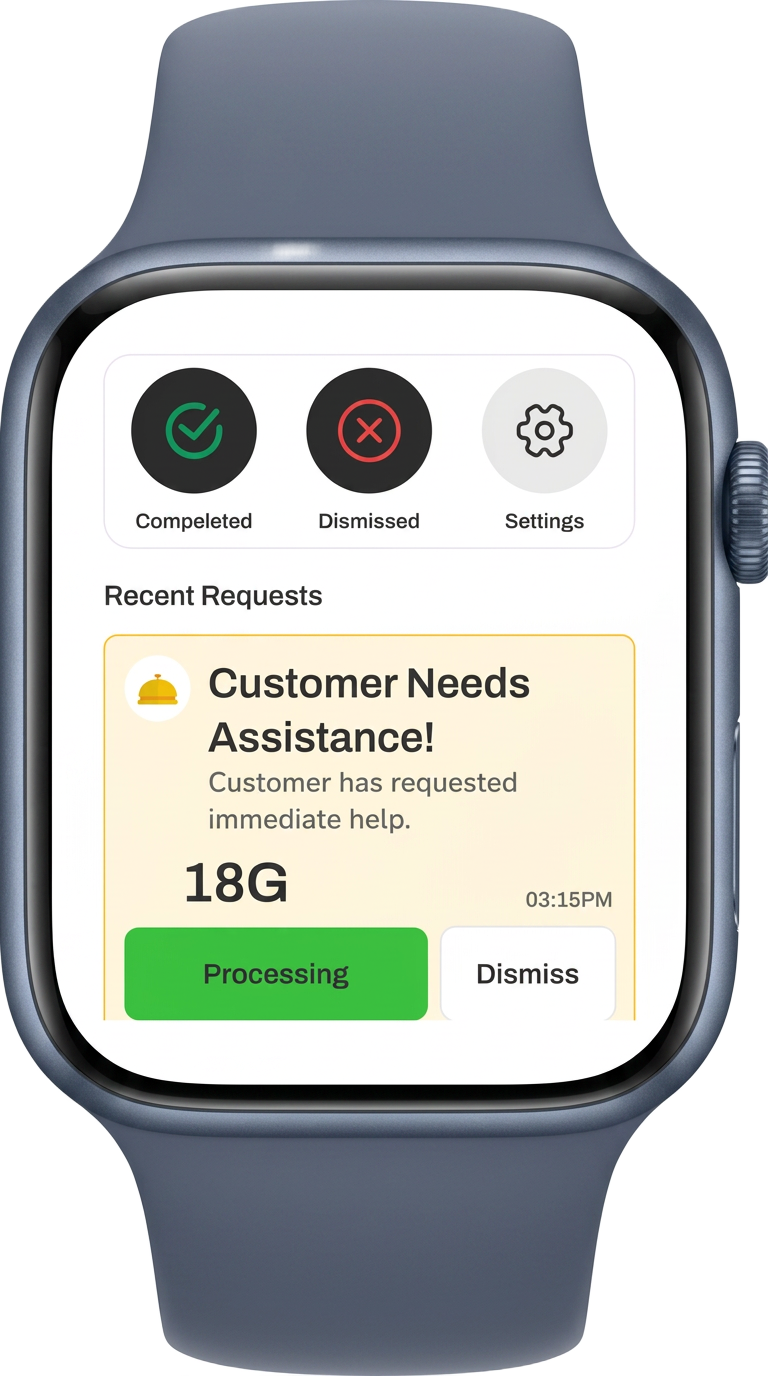 Watch home — Completed, Dismissed and Settings shortcuts with the most recent guest request front and centre.