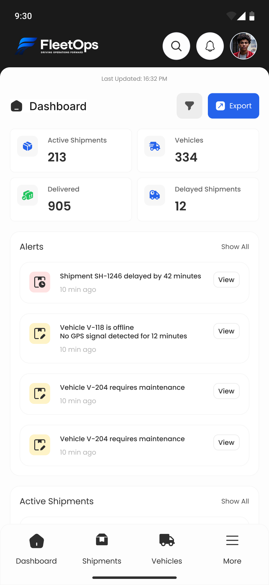 Mobile — quick monitoring on the go — FleetOps — Fleet Management Dashboard