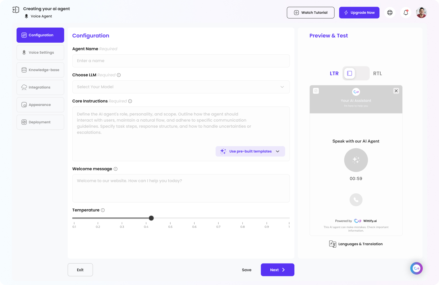 Wittify.ai — Build & Deploy AI Agents — Agent Creation — Configuration. A guided setup that breaks agent creation into structured steps: Configuration, Voice Settings, Knowledge Base, Integrations, Appearance and Deployment — with a live Preview & Test panel that mirrors the widget users will actually see.