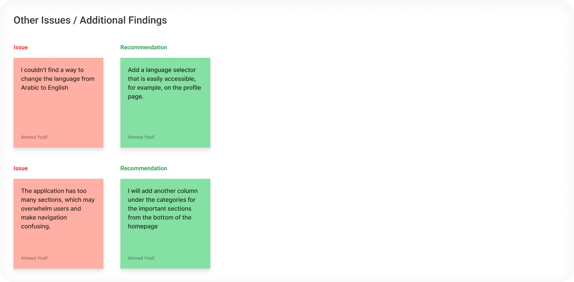 Other issues and additional findings — language switching and section overload with proposed fixes.