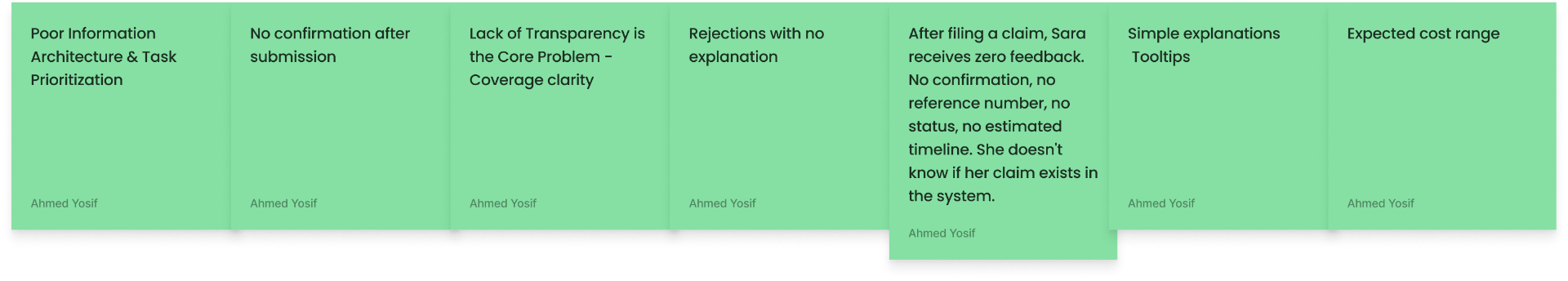 Clustered insight wall — every recurring failure surfaced as a post-it.