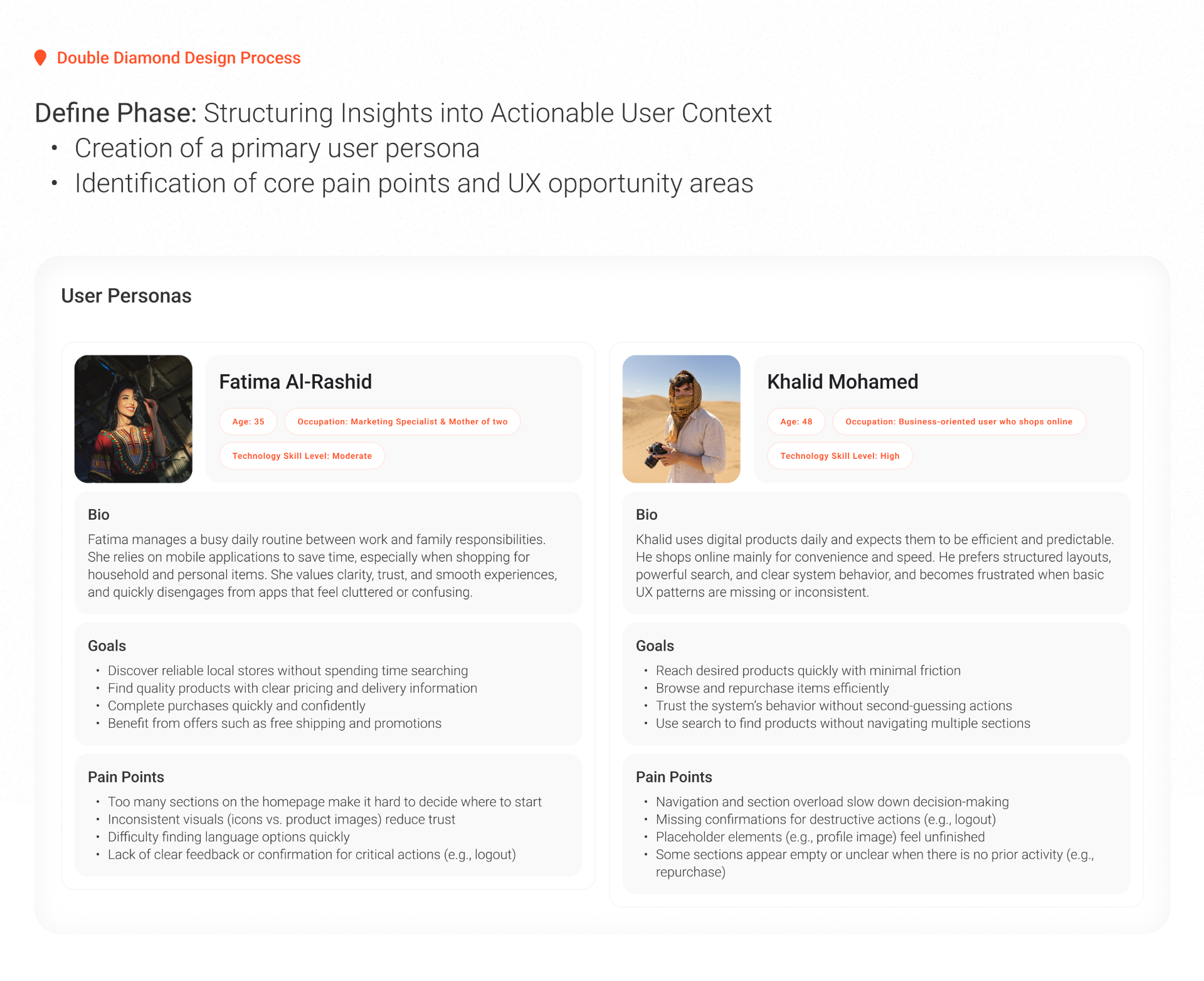 Primary personas — Fatima and Khalid — with goals and pain points driving the redesign.