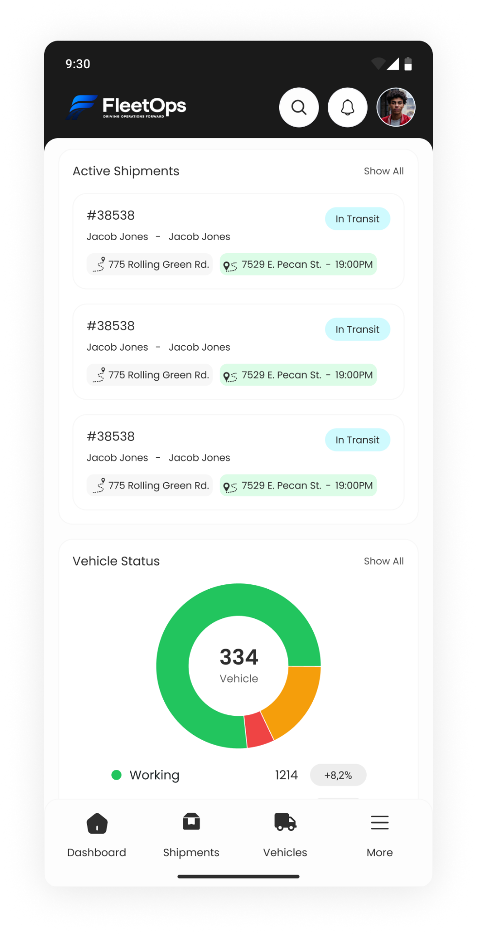 Mobile — active shipments & vehicle status — FleetOps — Fleet Management Dashboard