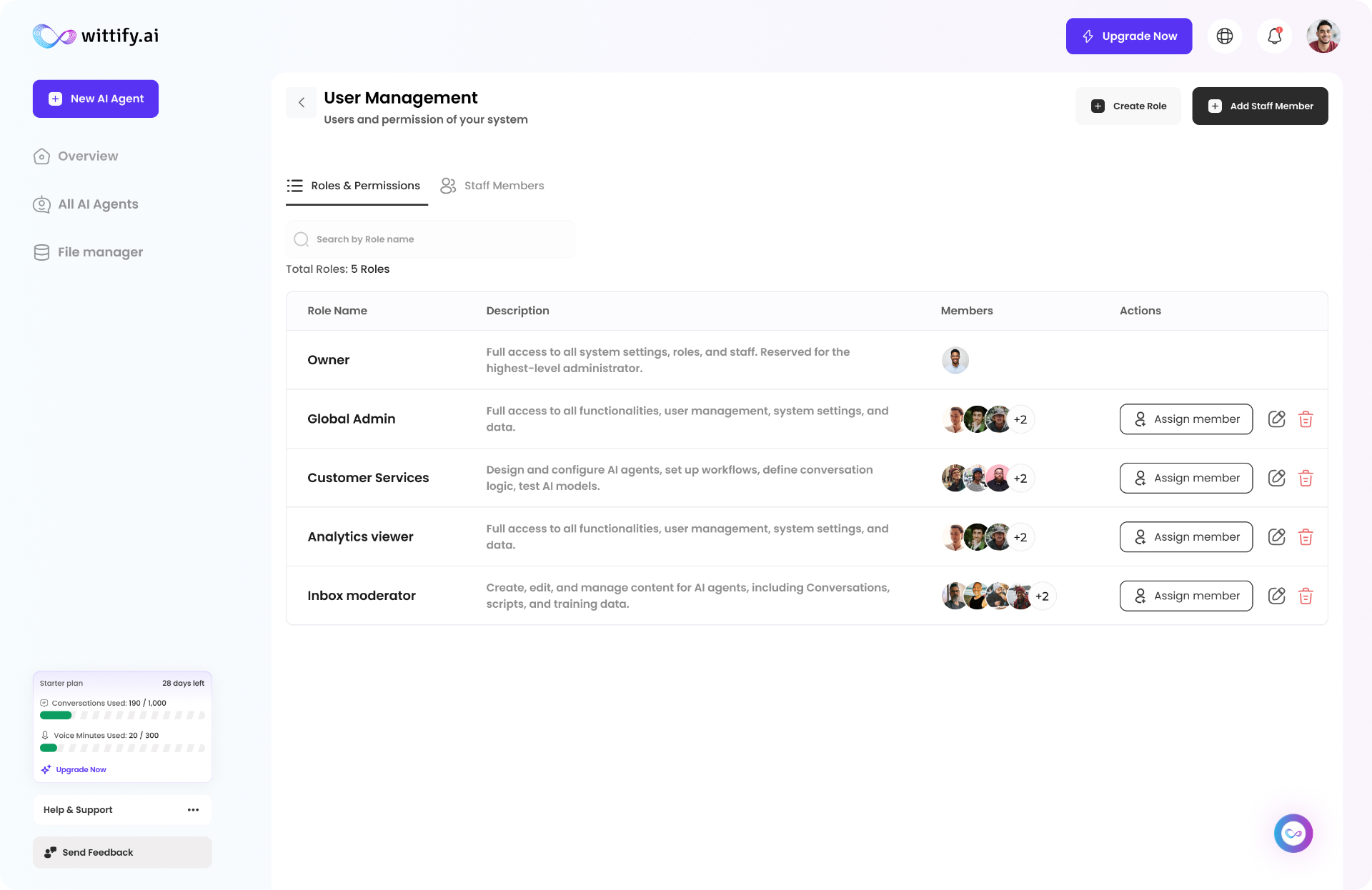 User Management — Roles & Permissions — Wittify.ai — Build & Deploy AI Agents