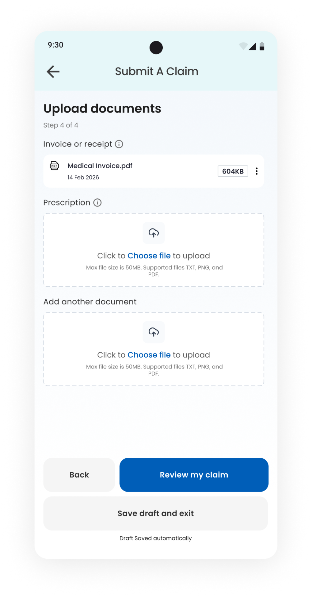 Submit a claim · Step 4 · Upload documents