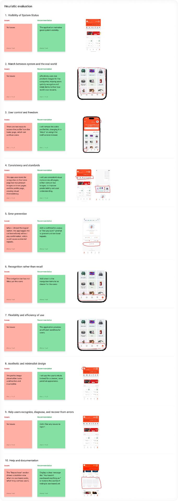 Heuristic evaluation — issues and recommendations from Visibility of System Status through Help & Documentation.