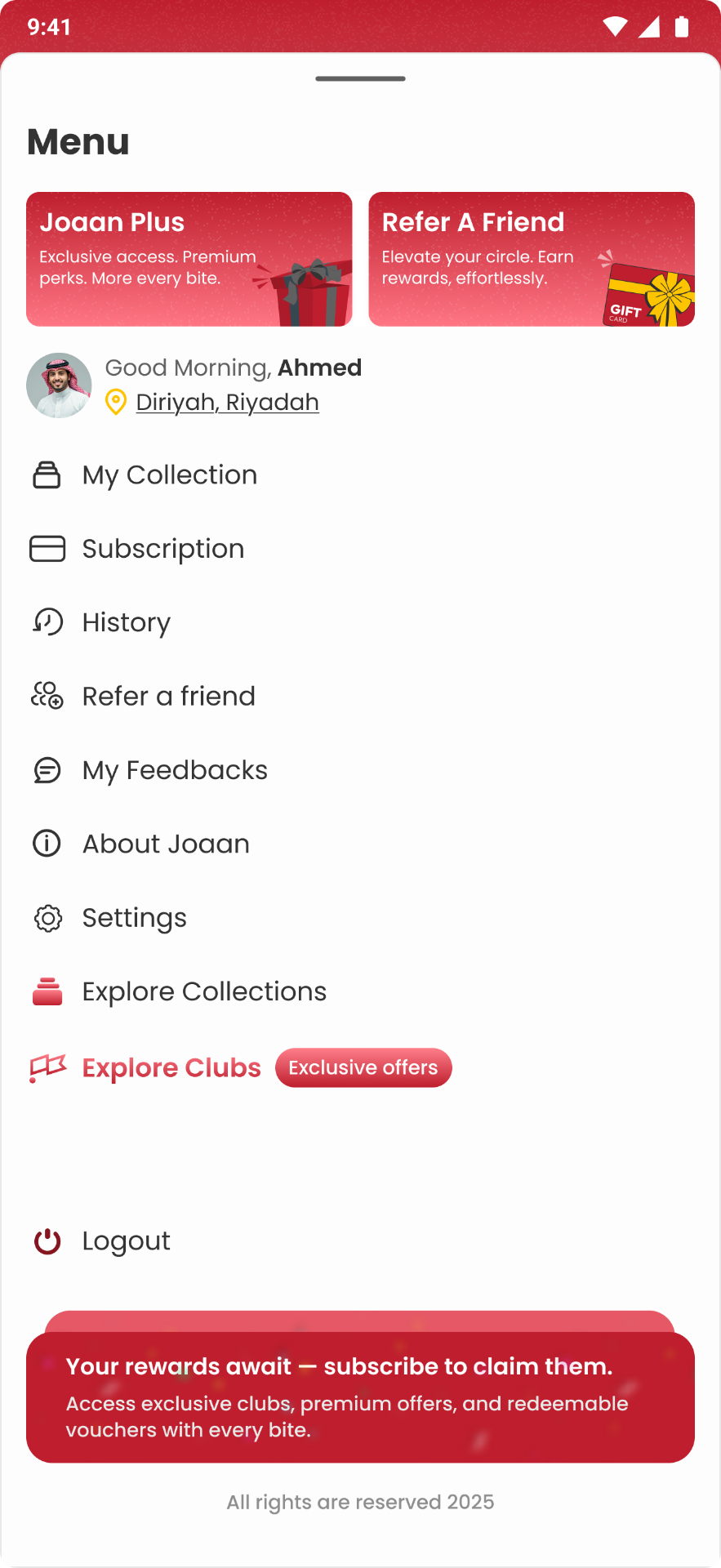 Menu · Rewards hub