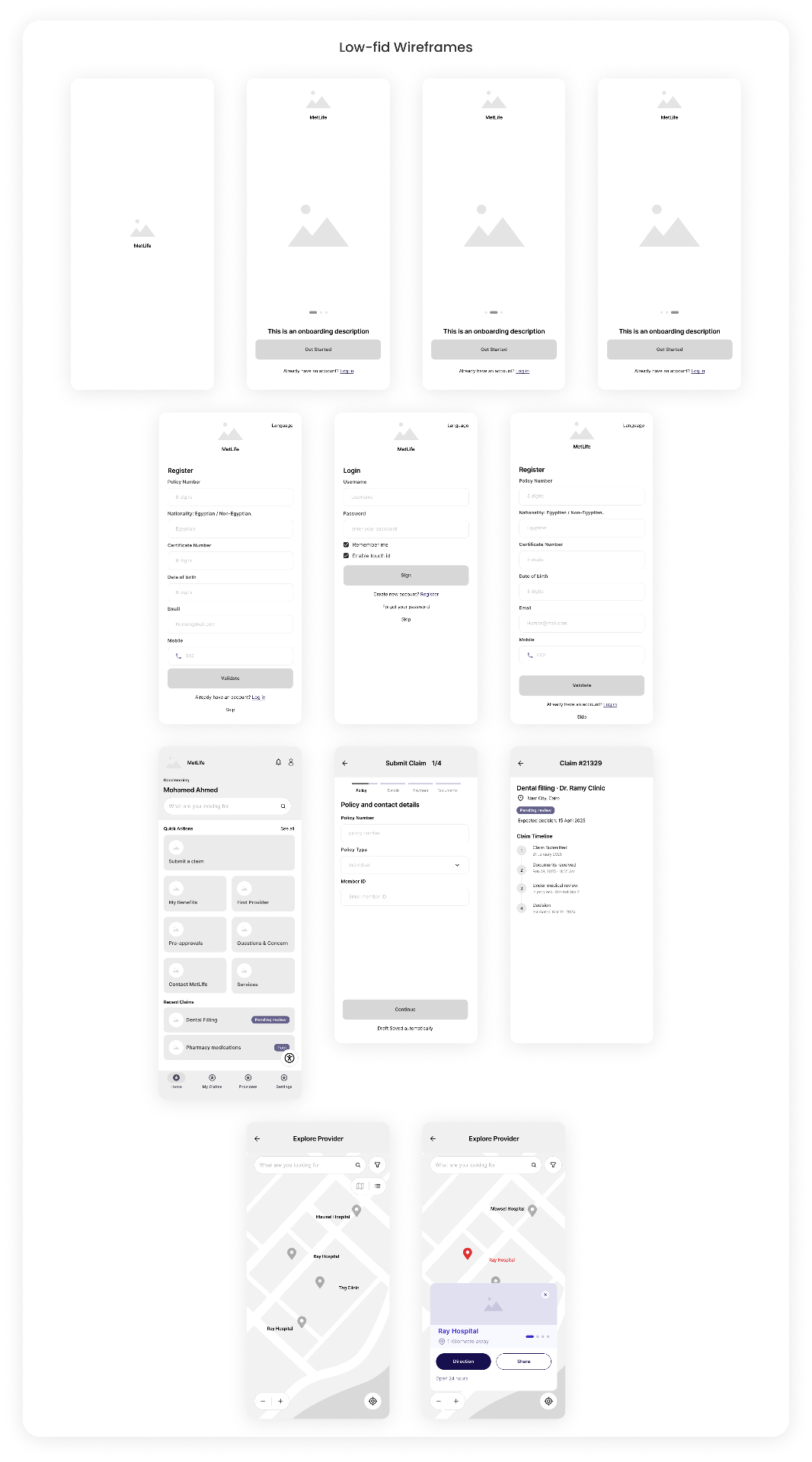 Low-fidelity wireframes for every core screen in the redesigned app.