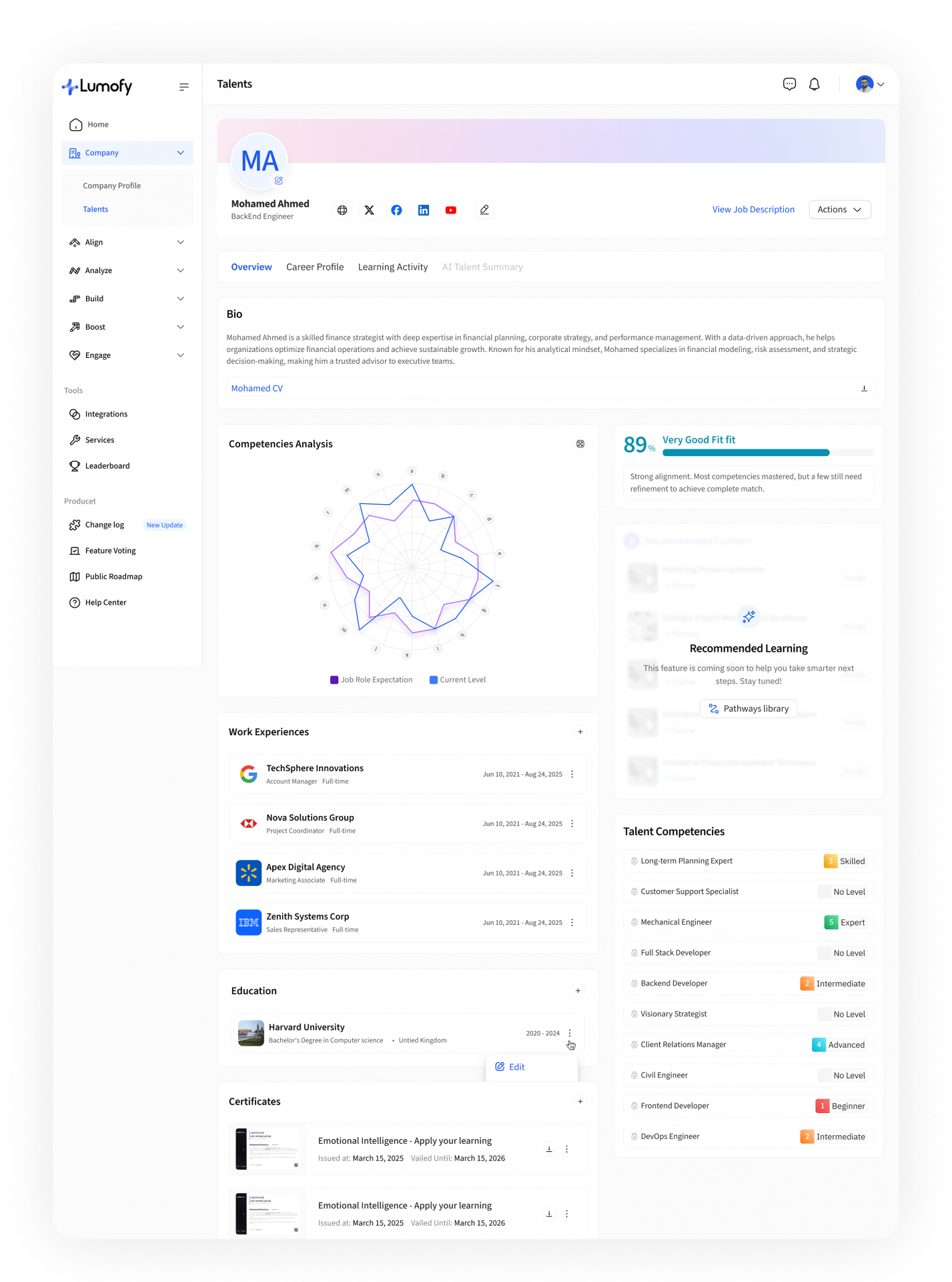 Lumofy — AI Talent Management — Talent Profile. One page unifies bio, CV, work history, education, certificates, a competency radar comparing current level vs role expectation, and an AI-generated fit score with recommended learning. This is the shared object every other module reads from and writes to.