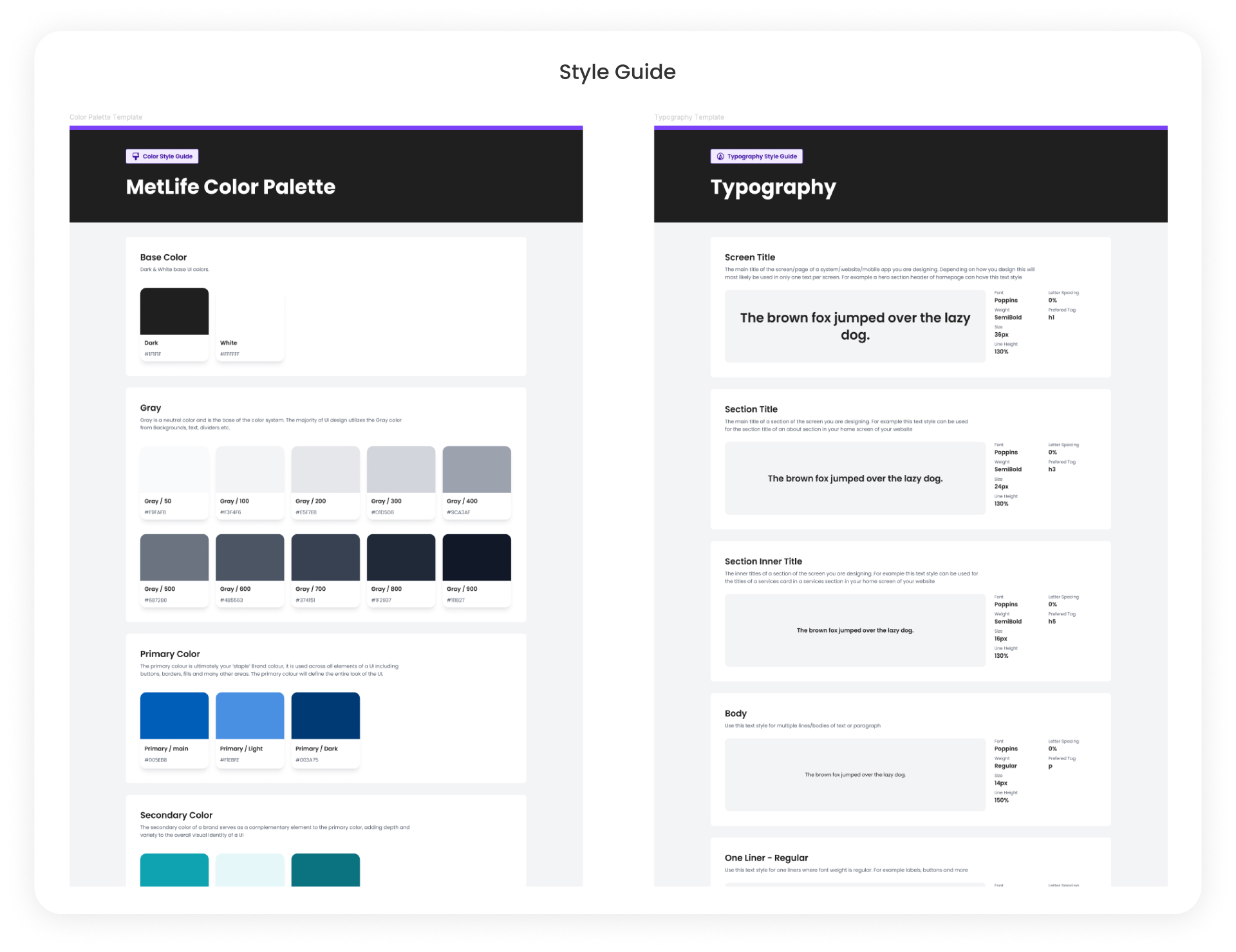 MetLife style guide — color palette and typographic ramp built on Poppins.
