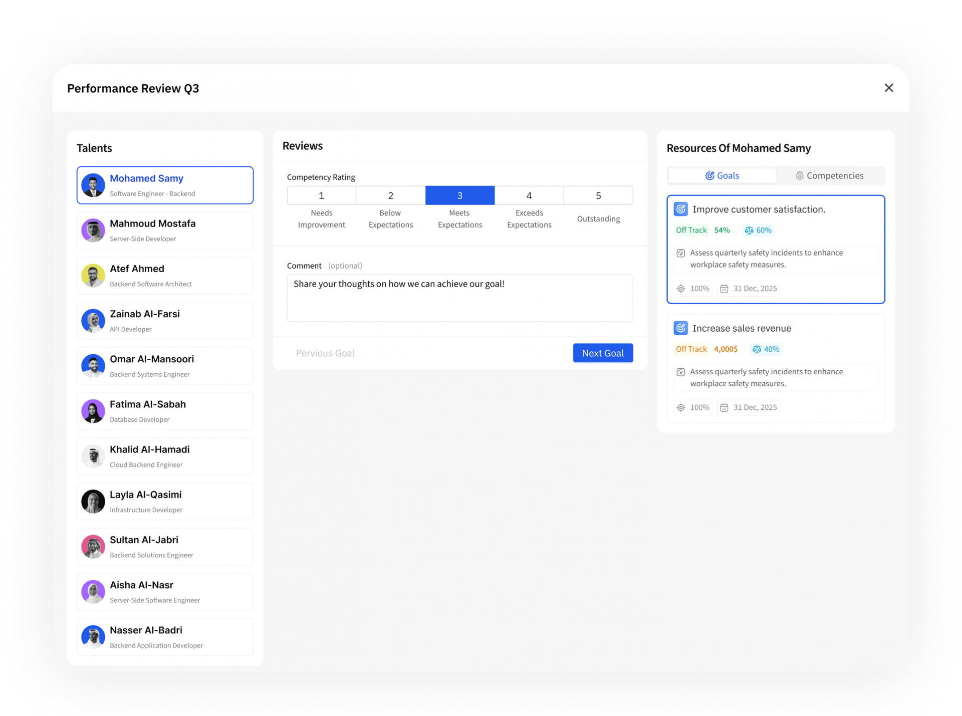 Lumofy — AI Talent Management — Performance Review Cycle. Three panels — talents, active review, resource goals — turn a stressful quarterly ritual into a rhythm. Reviewers move person-to-person without losing context, and each rating stays tied to the goals it evaluates.