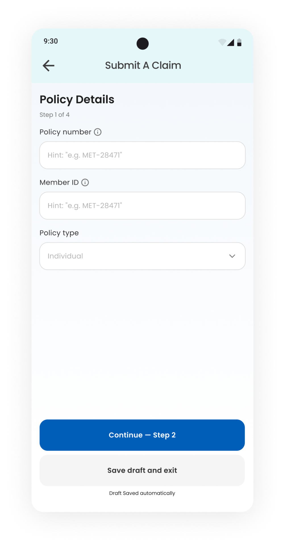 Submit a claim · Step 1 of 4