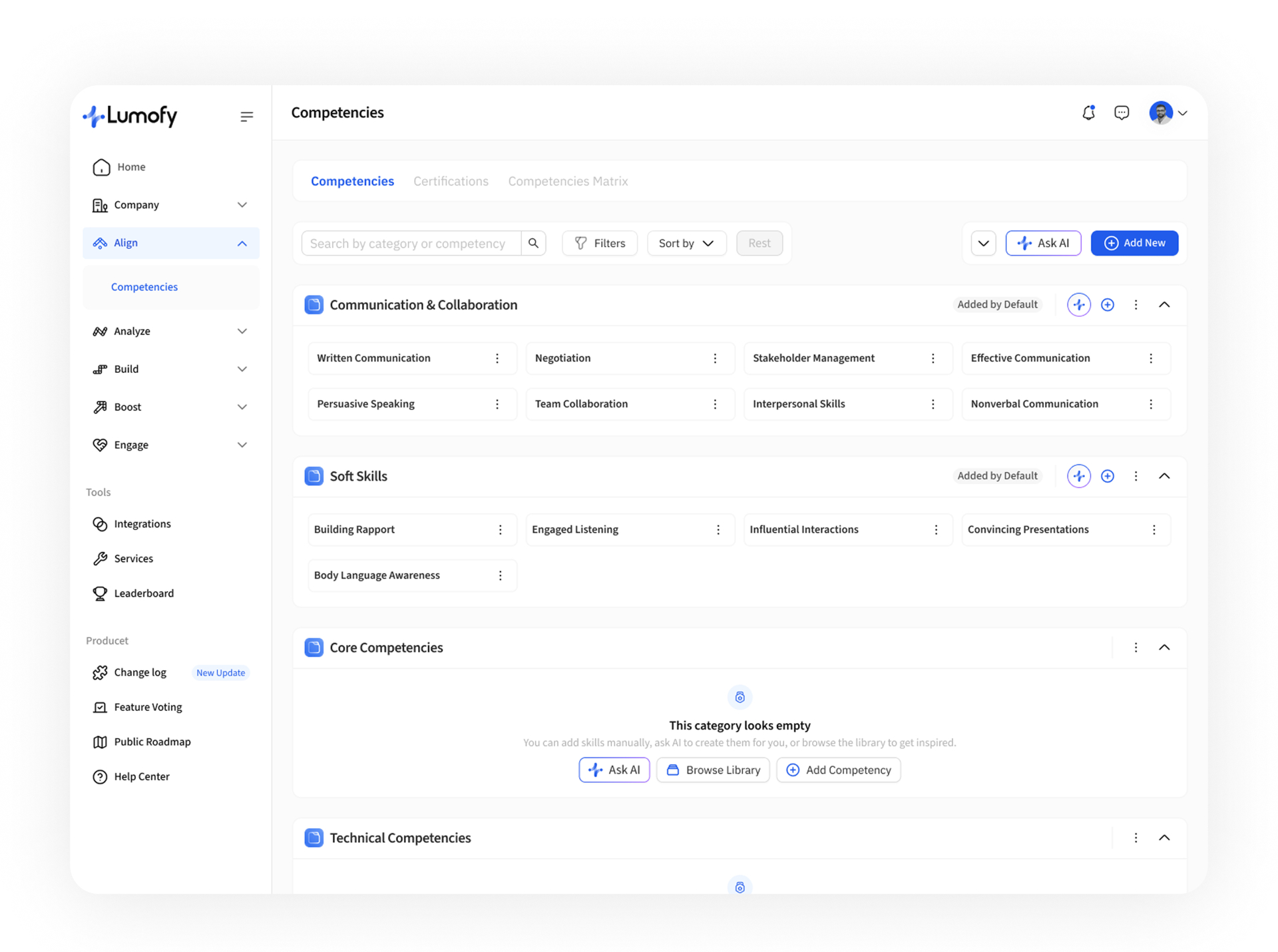Lumofy — AI Talent Management — Competency Framework. A grouped library of competencies — Communication, Soft Skills, Core, Technical — with per-category AI generation, manual add, and a browse-library flow. Empty categories are explicit invitations to compose, not dead ends.