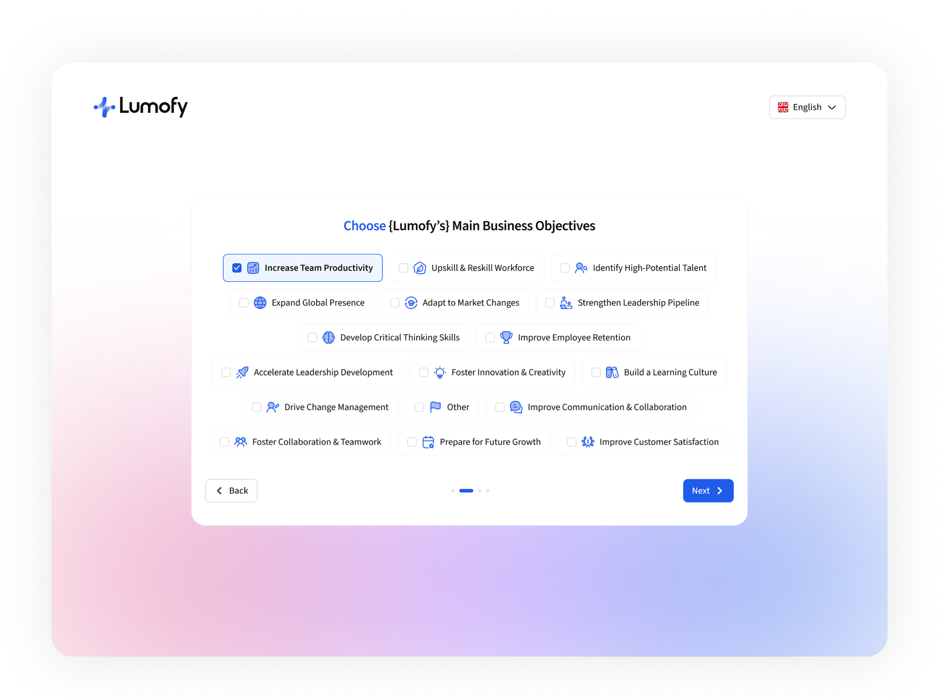 Lumofy — AI Talent Management — Onboarding — Business Objectives. The first-run experience asks each company to pick the outcomes Lumofy should optimise for. Those objectives then thread through every module — OKRs, competencies, reviews and analytics — so the platform stays anchored to real business goals instead of generic HR metrics.