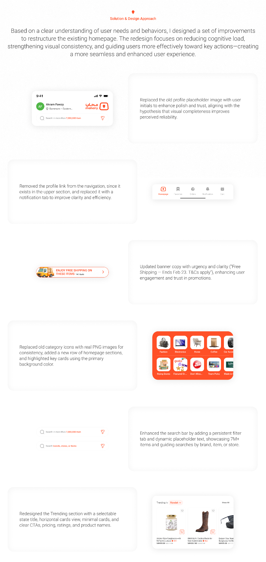 Solution & Design Approach — each redesign decision mapped to the research insight that motivated it.