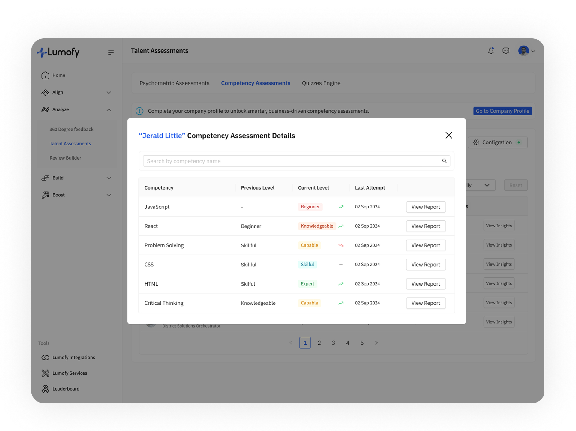 Lumofy — AI Talent Management — Competency Assessments. A focused modal walks managers and talents through per-competency results — previous level, current level, trend arrow, last attempt — with one-click access to the detailed report. Designed to be quick to skim during a 1:1.